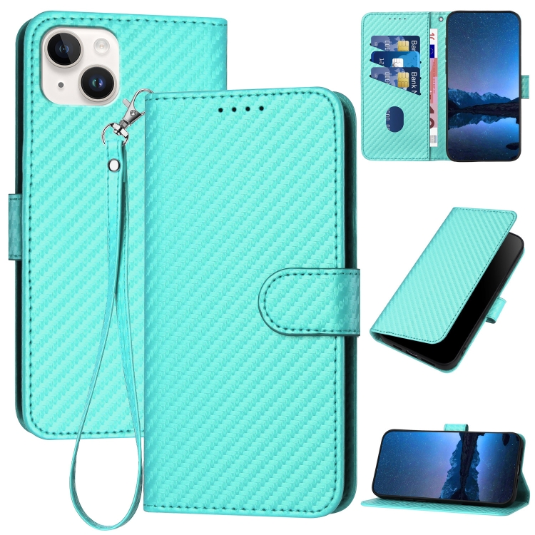 

For iPhone 14 Plus YX0070 Carbon Fiber Buckle Leather Phone Case with Lanyard(Light Blue)