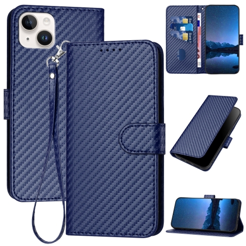 

For iPhone 14 Plus YX0070 Carbon Fiber Buckle Leather Phone Case with Lanyard(Royal Blue)