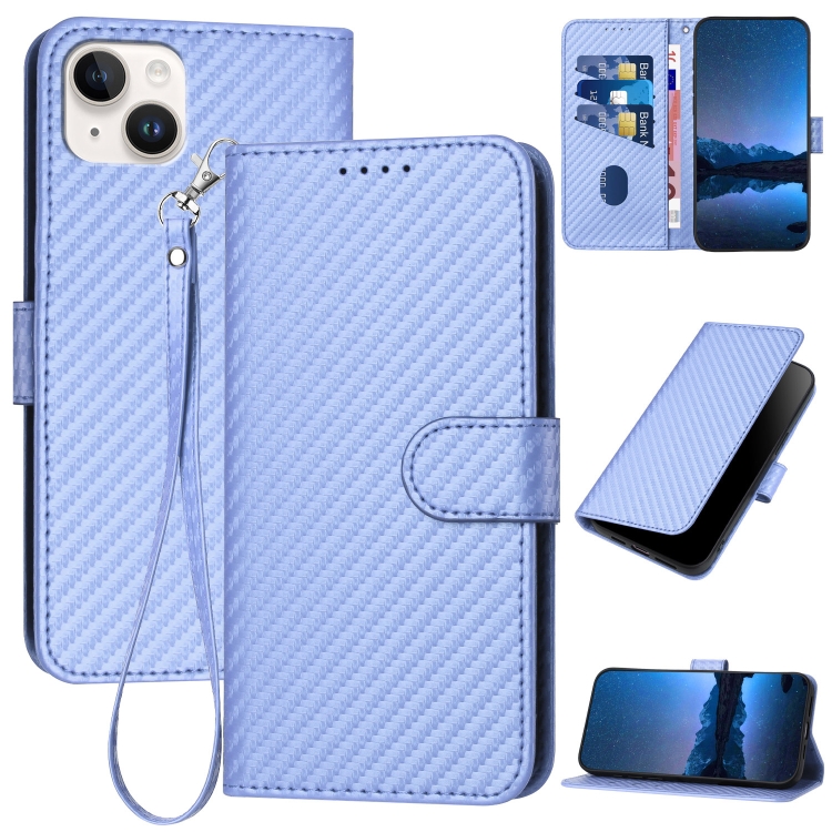

For iPhone 14 Plus YX0070 Carbon Fiber Buckle Leather Phone Case with Lanyard(Light Purple)