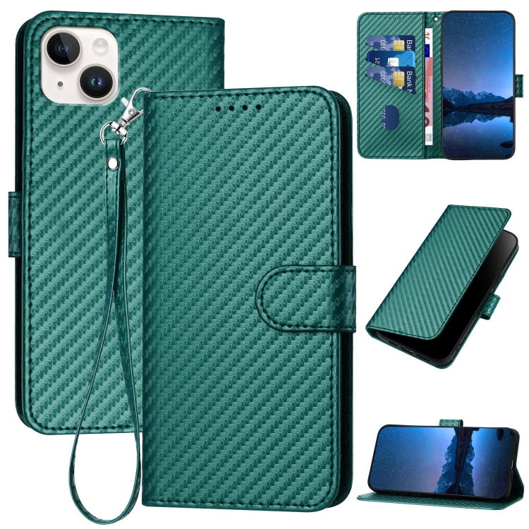 

For iPhone 14 Plus YX0070 Carbon Fiber Buckle Leather Phone Case with Lanyard(Dark Green)