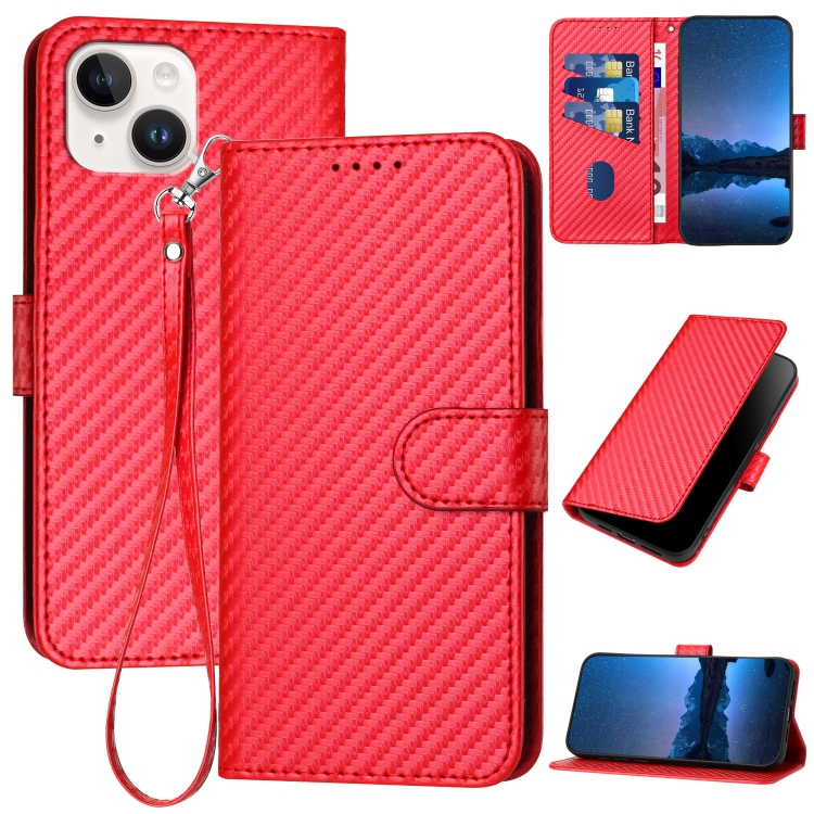 

For iPhone 14 YX0070 Carbon Fiber Buckle Leather Phone Case with Lanyard(Red)