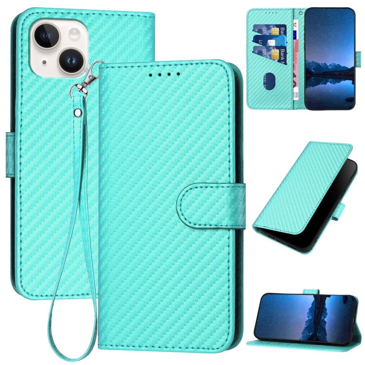 

For iPhone 14 YX0070 Carbon Fiber Buckle Leather Phone Case with Lanyard(Light Blue)