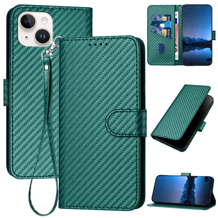 

For iPhone 14 YX0070 Carbon Fiber Buckle Leather Phone Case with Lanyard(Dark Green)