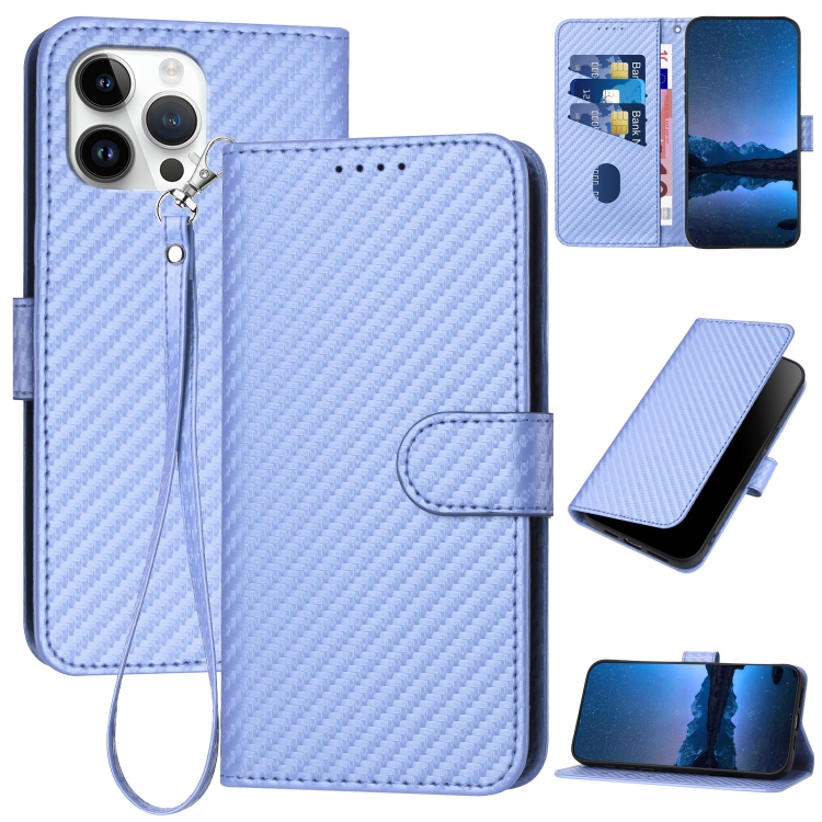 

For iPhone 13 Pro Max YX0070 Carbon Fiber Buckle Leather Phone Case with Lanyard(Light Purple)