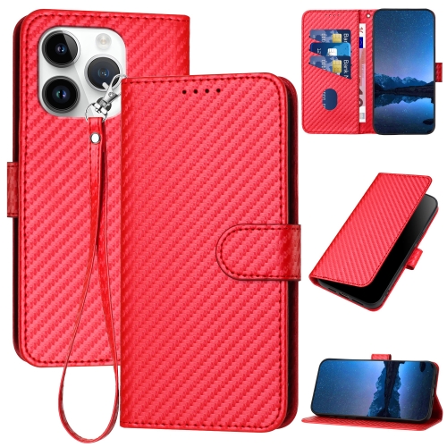 

For iPhone 13 Pro YX0070 Carbon Fiber Buckle Leather Phone Case with Lanyard(Red)