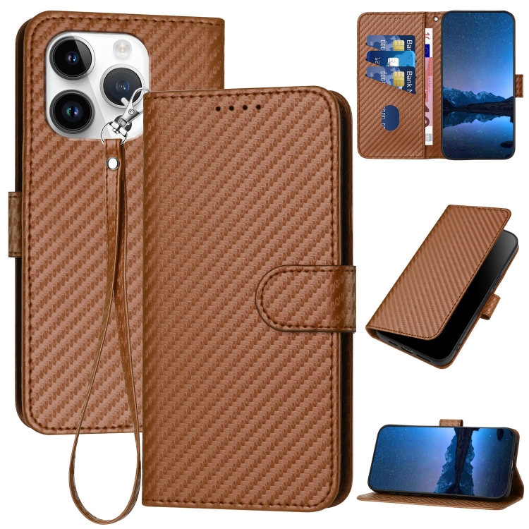 

For iPhone 13 Pro YX0070 Carbon Fiber Buckle Leather Phone Case with Lanyard(Coffee)