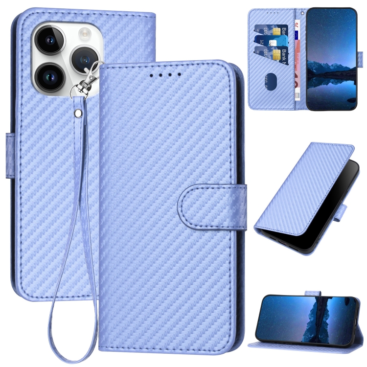 

For iPhone 13 Pro YX0070 Carbon Fiber Buckle Leather Phone Case with Lanyard(Light Purple)