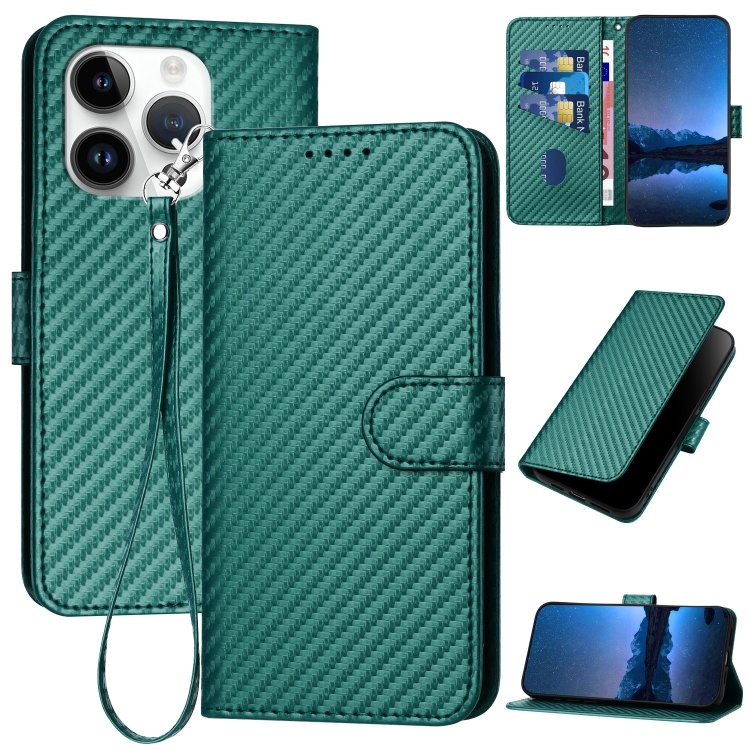 

For iPhone 13 Pro YX0070 Carbon Fiber Buckle Leather Phone Case with Lanyard(Dark Green)