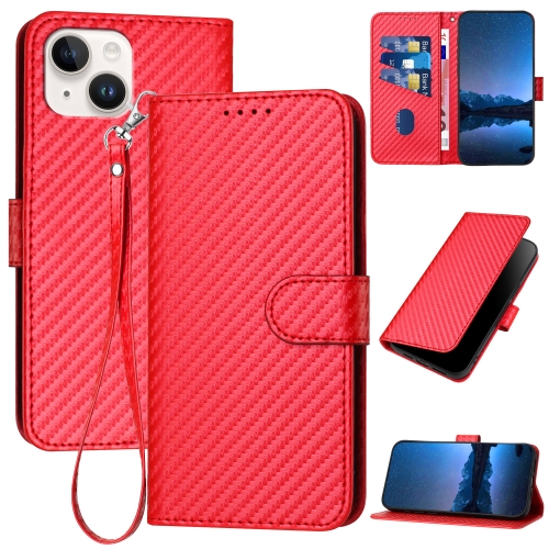 

For iPhone 13 YX0070 Carbon Fiber Buckle Leather Phone Case with Lanyard(Red)