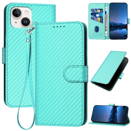 

For iPhone 13 YX0070 Carbon Fiber Buckle Leather Phone Case with Lanyard(Light Blue)