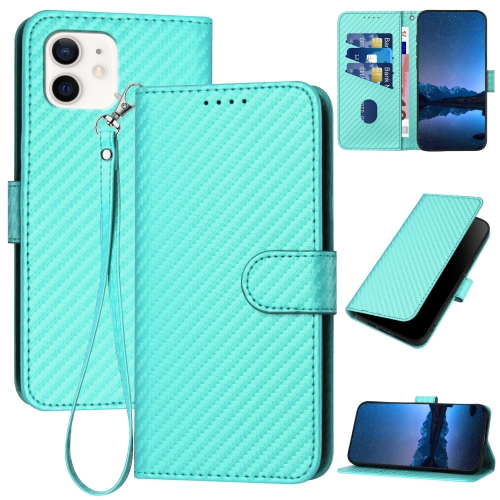 

For iPhone 12 / 12 Pro YX0070 Carbon Fiber Buckle Leather Phone Case with Lanyard(Light Blue)