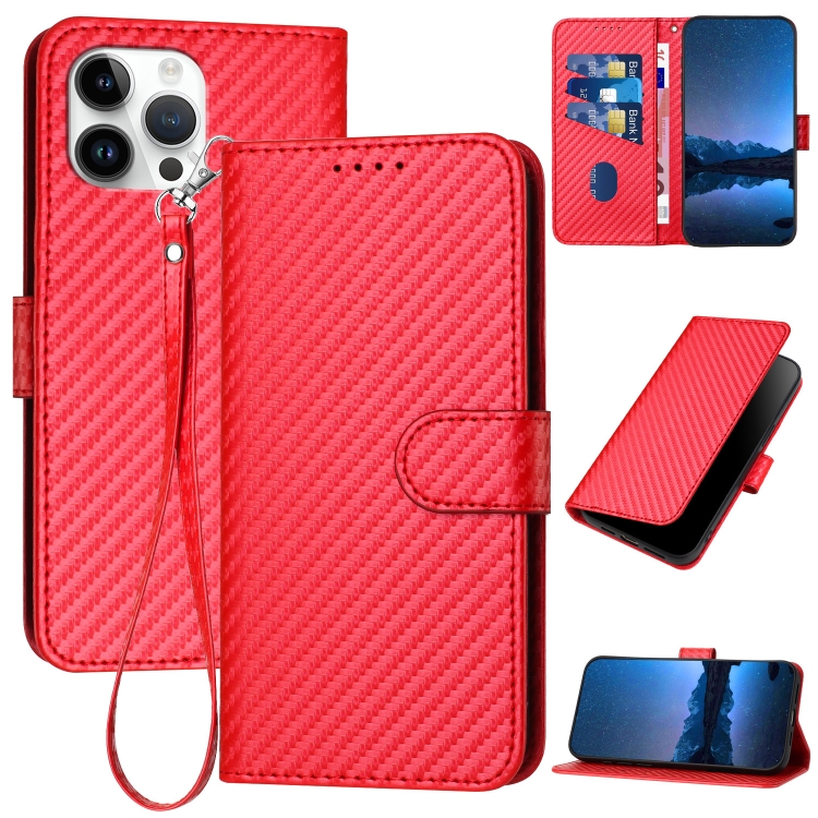 

For iPhone 12 Pro Max YX0070 Carbon Fiber Buckle Leather Phone Case with Lanyard(Red)
