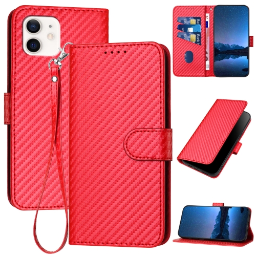 

For iPhone 12 mini YX0070 Carbon Fiber Buckle Leather Phone Case with Lanyard(Red)