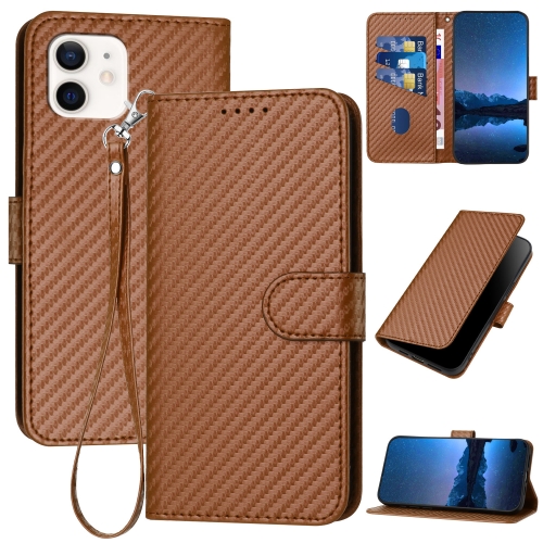 

For iPhone 12 mini YX0070 Carbon Fiber Buckle Leather Phone Case with Lanyard(Coffee)