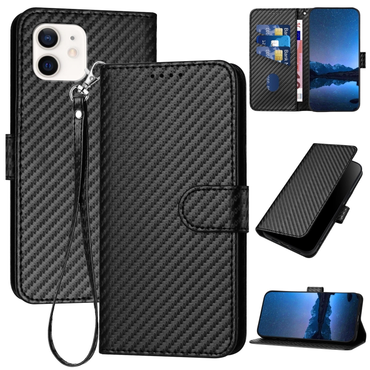 

For iPhone 12 mini YX0070 Carbon Fiber Buckle Leather Phone Case with Lanyard(Black)
