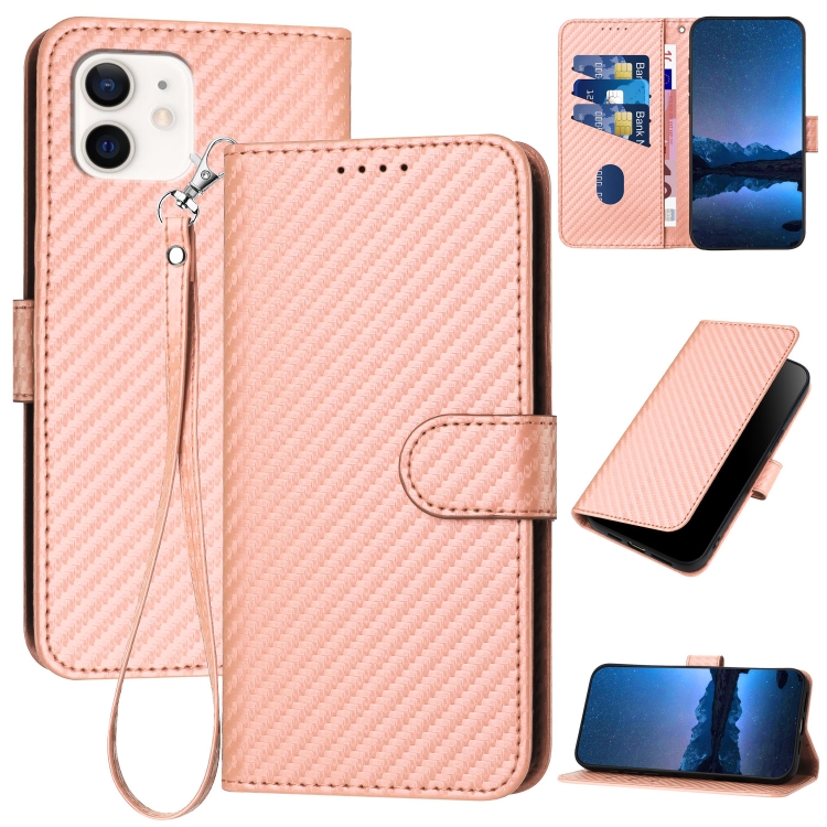 

For iPhone 12 mini YX0070 Carbon Fiber Buckle Leather Phone Case with Lanyard(Pink)