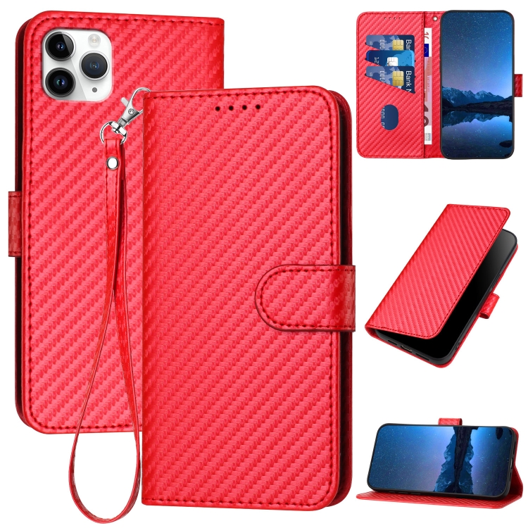 

For iPhone 11 Pro Max YX0070 Carbon Fiber Buckle Leather Phone Case with Lanyard(Red)