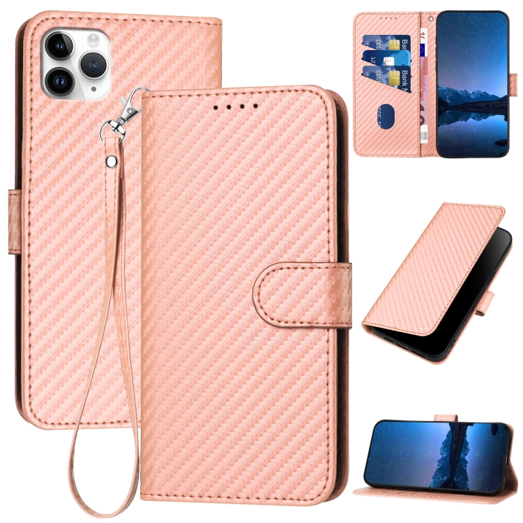 

For iPhone 11 Pro Max YX0070 Carbon Fiber Buckle Leather Phone Case with Lanyard(Pink)
