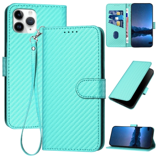 

For iPhone 11 Pro YX0070 Carbon Fiber Buckle Leather Phone Case with Lanyard(Light Blue)