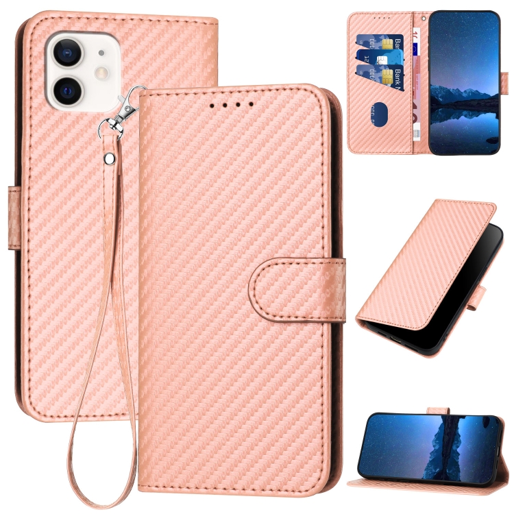 

For iPhone 11 YX0070 Carbon Fiber Buckle Leather Phone Case with Lanyard(Pink)