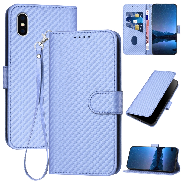 

For iPhone X / XS YX0070 Carbon Fiber Buckle Leather Phone Case with Lanyard(Light Purple)
