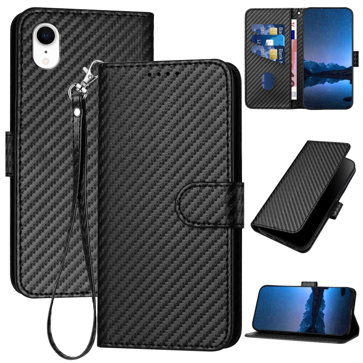 

For iPhone XR YX0070 Carbon Fiber Buckle Leather Phone Case with Lanyard(Black)