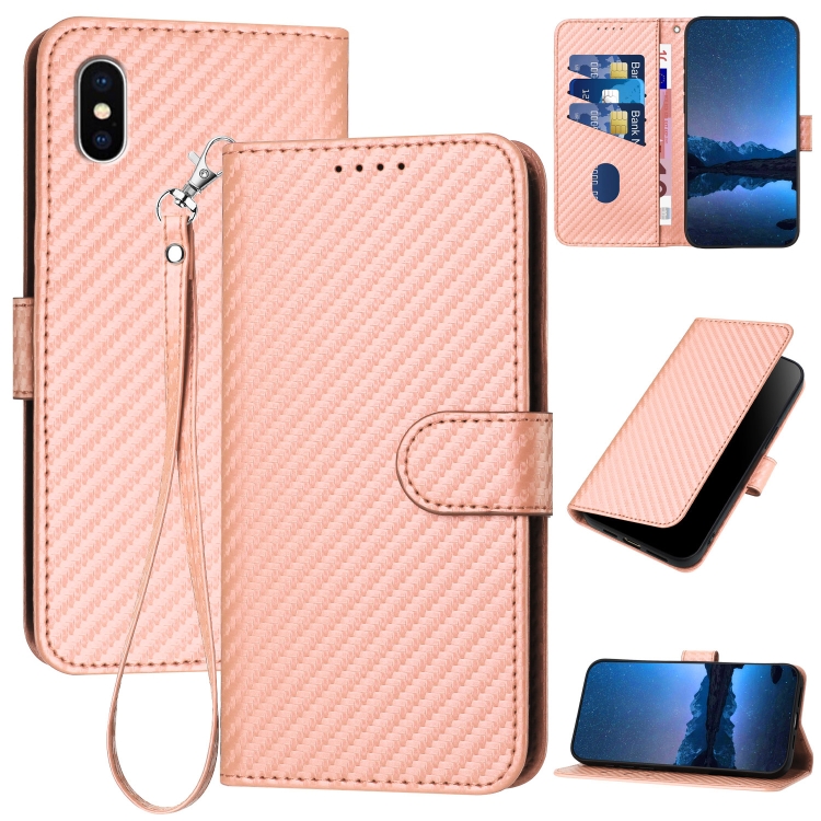 

For iPhone XS Max YX0070 Carbon Fiber Buckle Leather Phone Case with Lanyard(Pink)