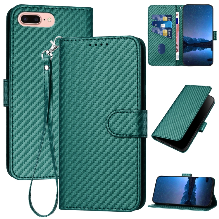 

For iPhone 8 Plus / 7 Plus YX0070 Carbon Fiber Buckle Leather Phone Case with Lanyard(Dark Green)