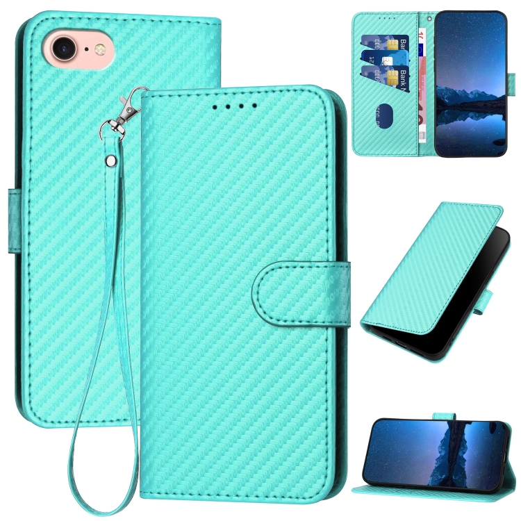 

For iPhone SE 2022 / SE 2020 / 8 / 7 YX0070 Carbon Fiber Buckle Leather Phone Case with Lanyard(Light Blue)