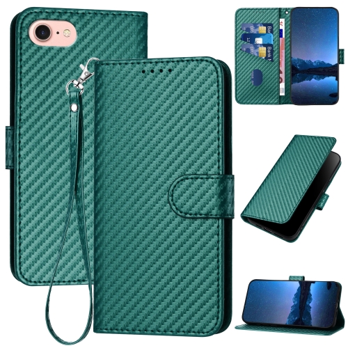 

For iPhone SE 2022 / SE 2020 / 8 / 7 YX0070 Carbon Fiber Buckle Leather Phone Case with Lanyard(Dark Green)