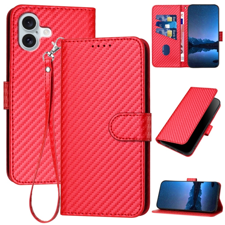 

For iPhone 16 Plus YX0070 Carbon Fiber Buckle Leather Phone Case with Lanyard(Red)