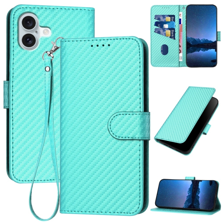 

For iPhone 16 Plus YX0070 Carbon Fiber Buckle Leather Phone Case with Lanyard(Light Blue)