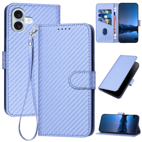 

For iPhone 16 Plus YX0070 Carbon Fiber Buckle Leather Phone Case with Lanyard(Light Purple)