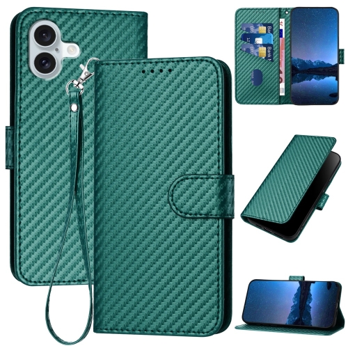 

For iPhone 16 Plus YX0070 Carbon Fiber Buckle Leather Phone Case with Lanyard(Dark Green)