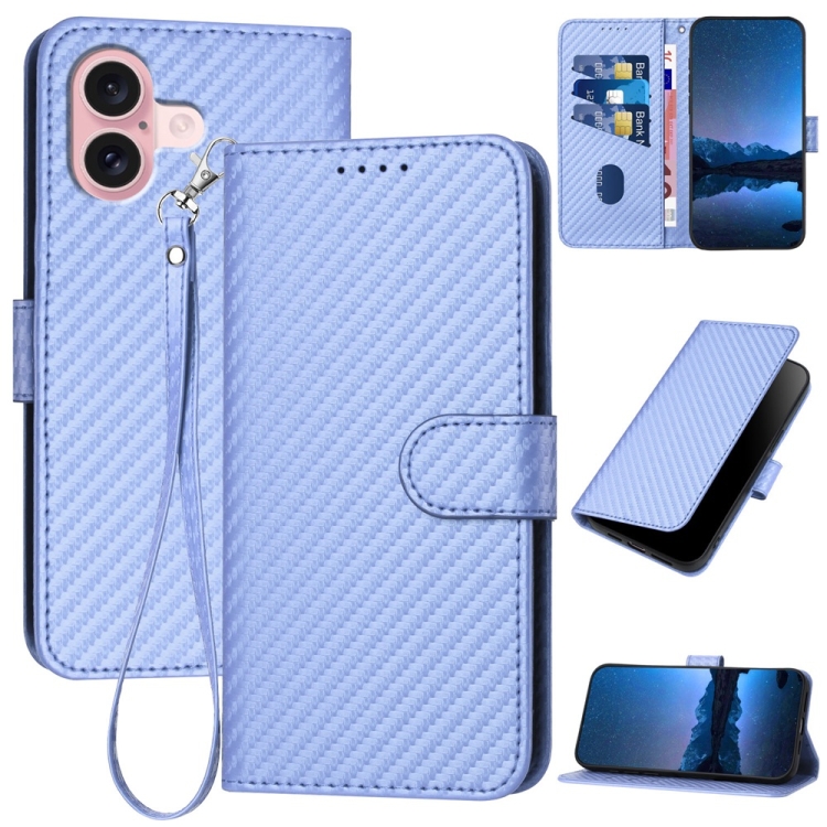 

For iPhone 16 YX0070 Carbon Fiber Buckle Leather Phone Case with Lanyard(Light Purple)