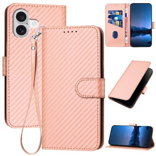

For iPhone 17 YX0070 Carbon Fiber Buckle Leather Phone Case with Lanyard(Pink)