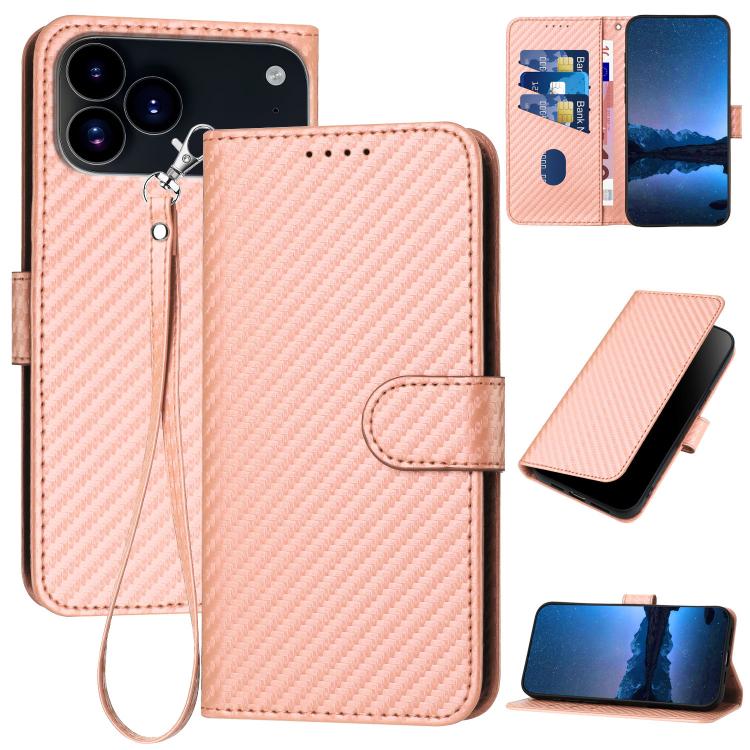 

For iPhone 17 Pro Max YX0070 Carbon Fiber Buckle Leather Phone Case with Lanyard(Pink)