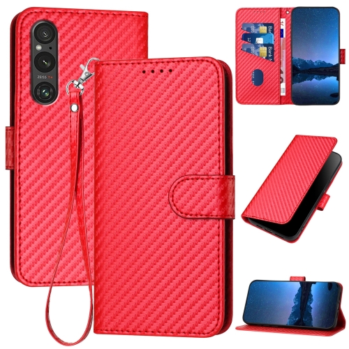 

For Sony Xperia 1 V 2023 YX0070 Carbon Fiber Buckle Leather Phone Case with Lanyard(Red)