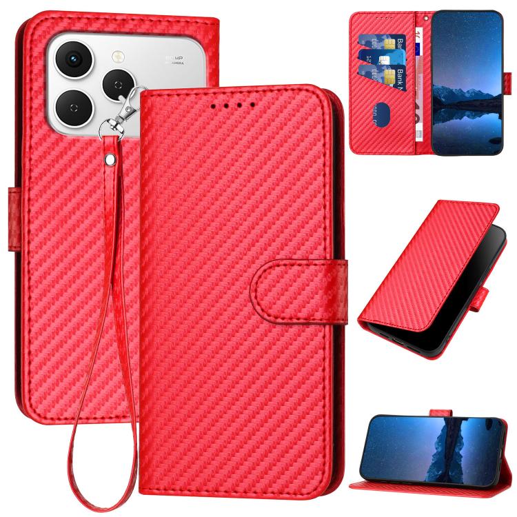 

For Tecno Spark 40 4G YX0070 Carbon Fiber Buckle Leather Phone Case with Lanyard(Red)