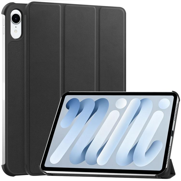 For iPad mini 8 2026 Custer Pure Color 3-Fold Holder Smart Leather Tablet Case(Black)
