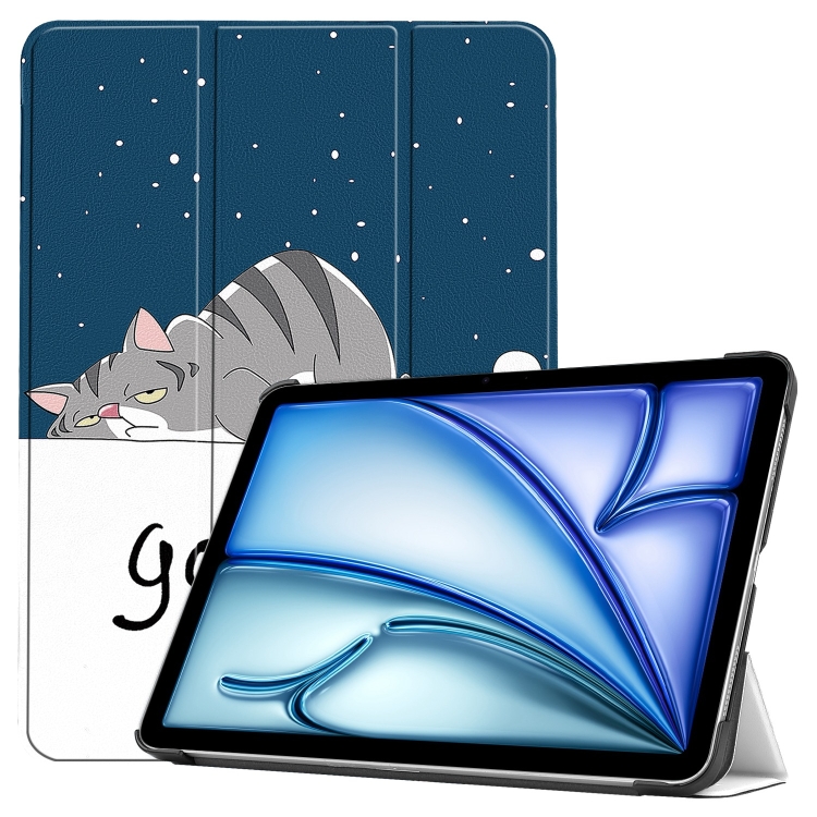 For iPad Air 13 2026 / 2025 / 2024 Custer Painted 3-Fold Holder Smart Leather Tablet Case(Lazy Cat)