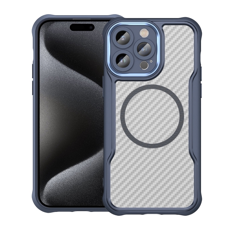 

For iPhone 15 Pro Carbon Fiber Texture MagSafe Translucent Phone Case(Blue)