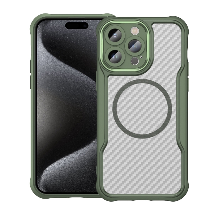 

For iPhone 15 Pro Carbon Fiber Texture MagSafe Translucent Phone Case(Green)
