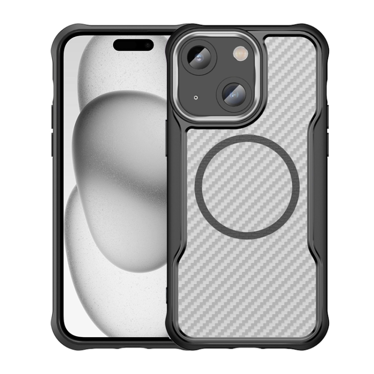 

For iPhone 15 Plus / 14 Plus Carbon Fiber Texture MagSafe Translucent Phone Case(Black)