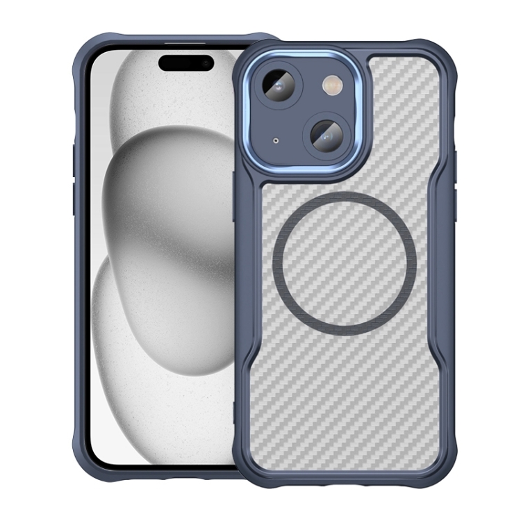 

For iPhone 15 Plus / 14 Plus Carbon Fiber Texture MagSafe Translucent Phone Case(Blue)