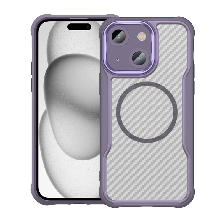 

For iPhone 15 Carbon Fiber Texture MagSafe Translucent Phone Case(Purple)