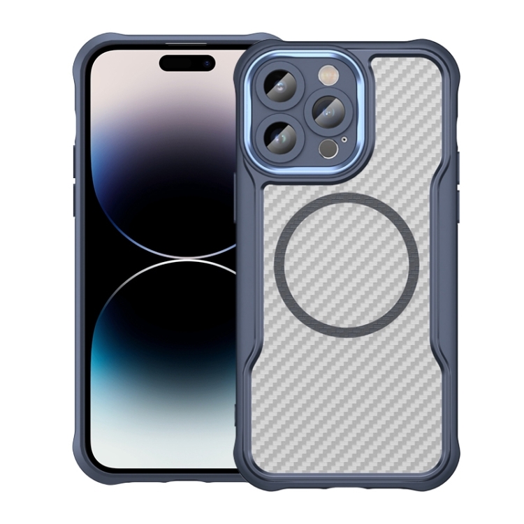 

For iPhone 14 Pro Max Carbon Fiber Texture MagSafe Translucent Phone Case(Blue)