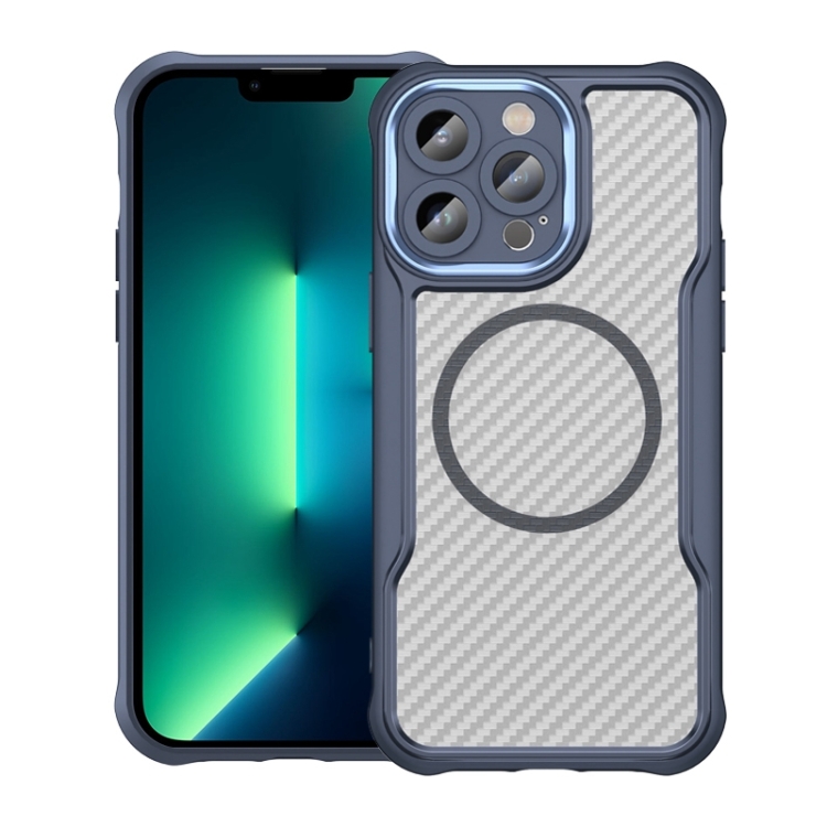 

For iPhone 13 Pro Max Carbon Fiber Texture MagSafe Translucent Phone Case(Blue)