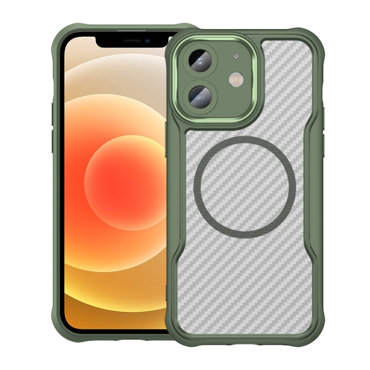 

For iPhone 12 Carbon Fiber Texture MagSafe Translucent Phone Case(Green)