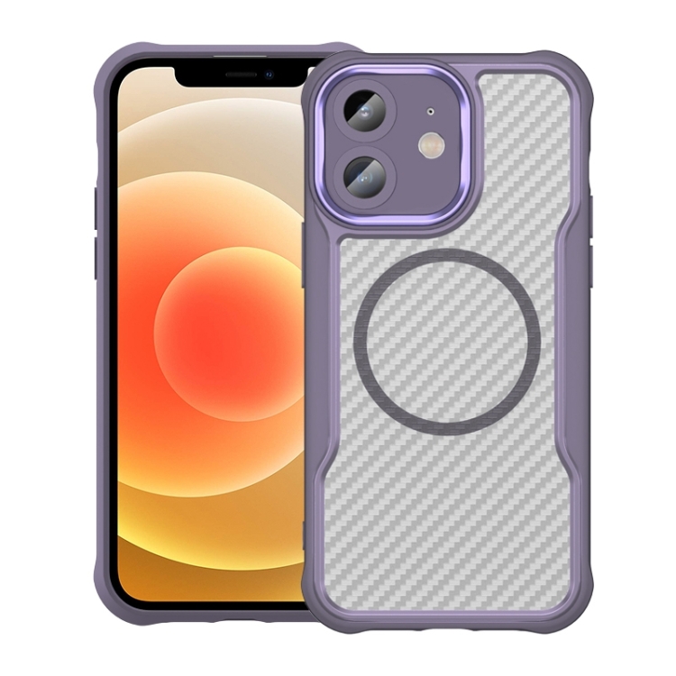 

For iPhone 12 Carbon Fiber Texture MagSafe Translucent Phone Case(Purple)